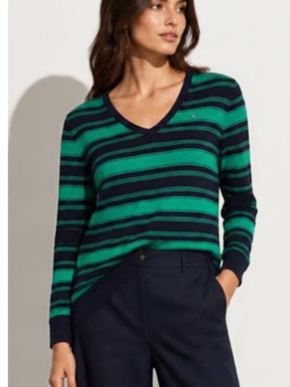 Tommy Hilfiger Green Blue striped V-neck Cotton Sweater Large